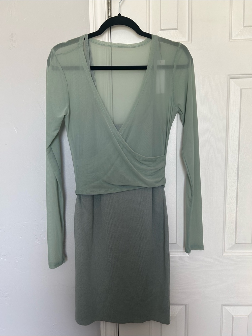 VENUS Sage Green Layered Mesh Long-Sleeve Dress